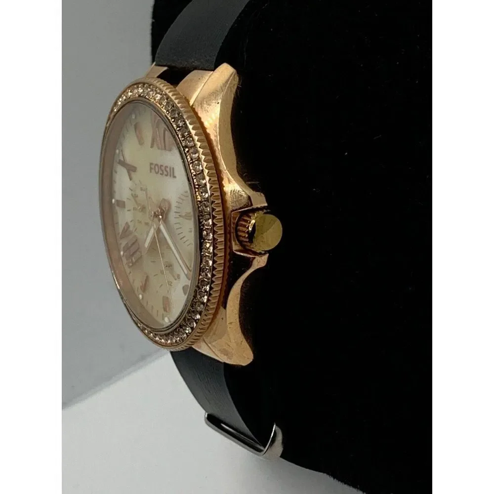 Fossil AM4616 Women's Black Leather Analog Beige Horne Dial Quartz Watch JD261